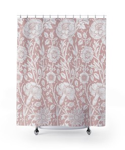 Pink & White Vintage English Bathroom Accessory with William Morris Pink and Rose Antique Print Bathroom Shower Curtain