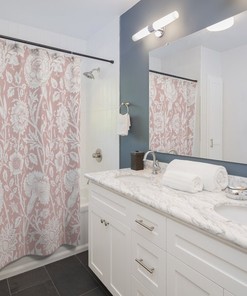 Pink & White Vintage English Bathroom Accessory with William Morris Pink and Rose Antique Print Bathroom Shower Curtain