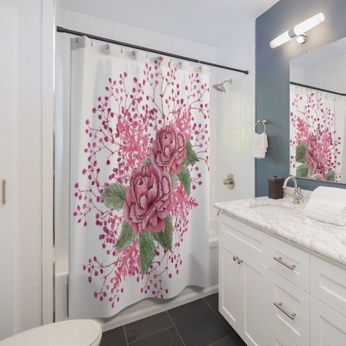 Pink Wild Roses Bath Curtain - Elegant Floral Bathroom Decoration