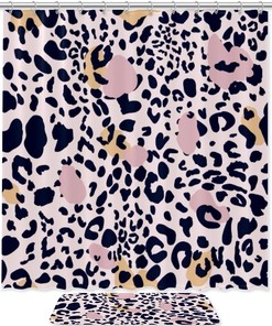 Pink Yellow Spot Leopard Printed Bathroom Tub Set With Waterproof Fabric Shower Curtain
