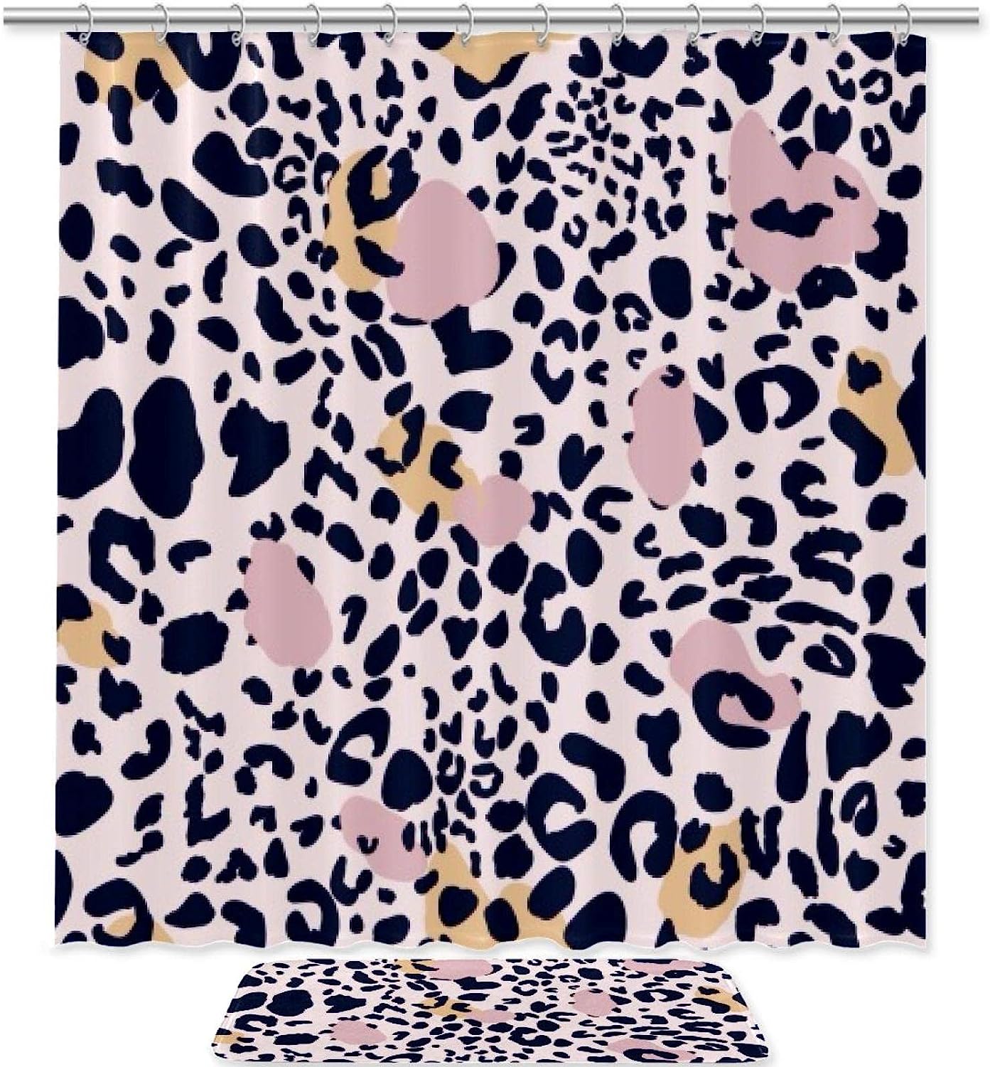 Pink Yellow Spot Leopard Printed Bathroom Tub Set With Waterproof Fabric Shower Curtain