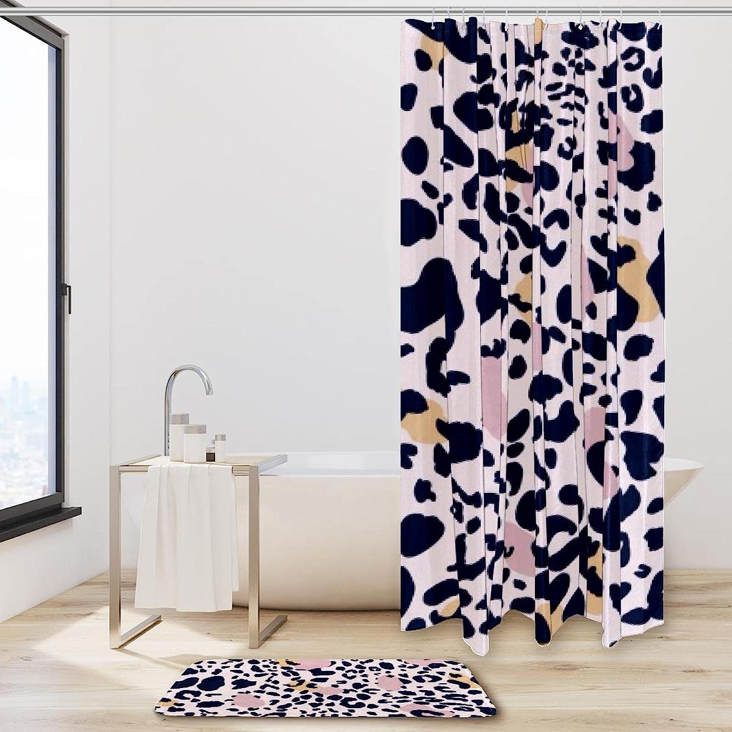 Pink Yellow Spot Leopard Printed Bathroom Tub Set With Waterproof Fabric Shower Curtain - Image 2