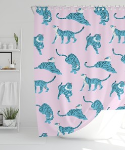 Pink and Blue Jungle Safari Cats Tiger Shower Curtain for Kids Bathroom Decor