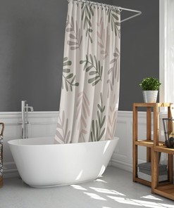 Pink and Green Foliage Floral Shower Curtain, Simple Minimalist Print for Bathroom Accessory with Linen Fabric Mat