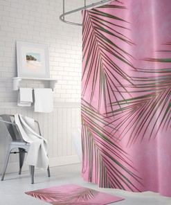 Pink and Green Palm Print Shower Curtain - Fun Bathroom Decor