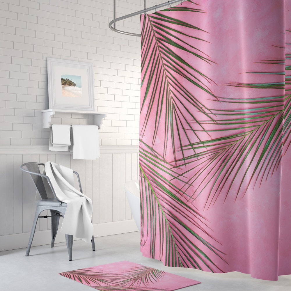 Pink and Green Palm Print Shower Curtain - Fun Bathroom Decor
