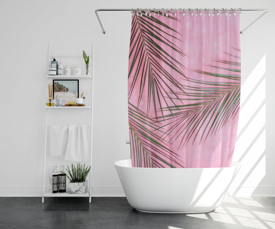 Pink and Green Palm Print Shower Curtain - Fun Bathroom Decor