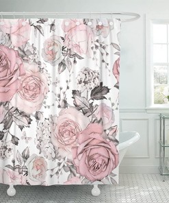 Pink and Grey Flowers, Leaves on Watercolor Floral Pattern Rose Shower Curtain, Waterproof Fabric Bathroom Decor