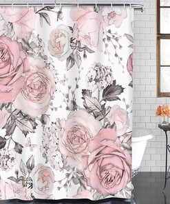 Pink and Grey Flowers, Leaves on Watercolor Floral Pattern Rose Shower Curtain, Waterproof Fabric Bathroom Decor
