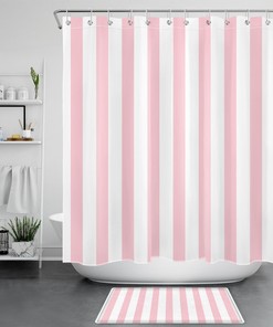 Pink and White Stripe Geometric Pattern Shower Curtain for Girls' Bathroom Decor 