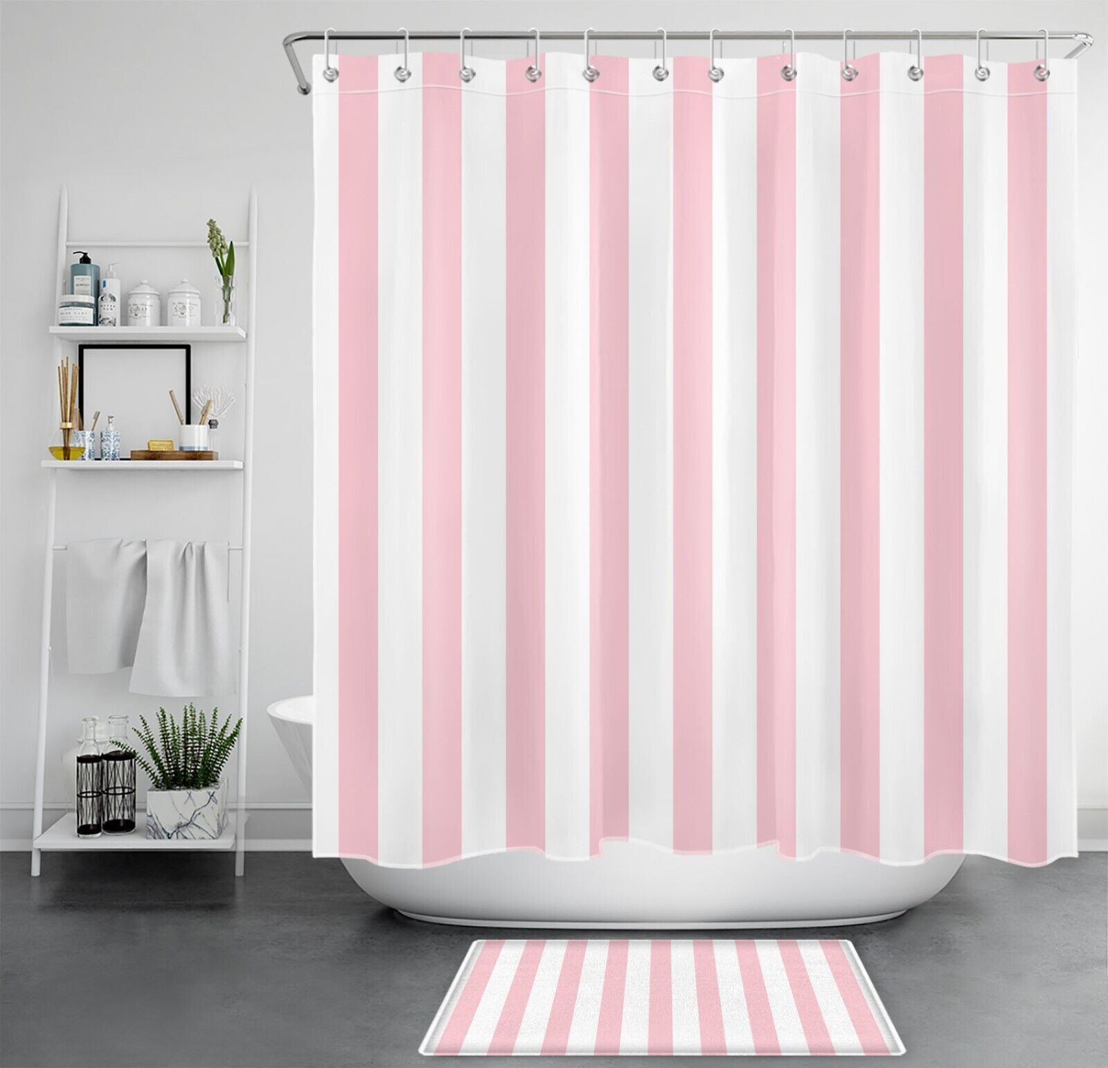 Pink and White Stripe Geometric Pattern Shower Curtain for Girls' Bathroom Decor