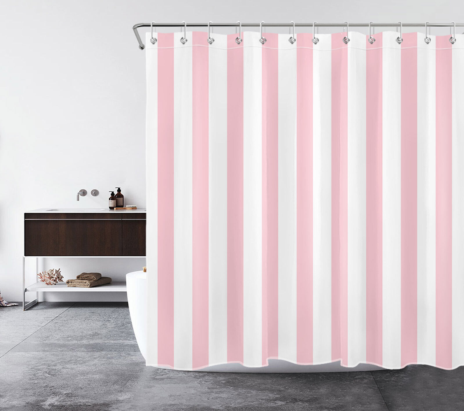 Pink and White Stripe Geometric Pattern Shower Curtain for Girls' Bathroom Decor