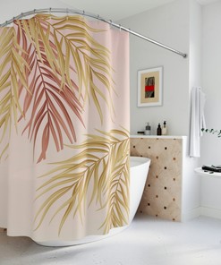 Pink/Peach Palm Leaves Shower Curtain - Botanic Bathroom Decor 