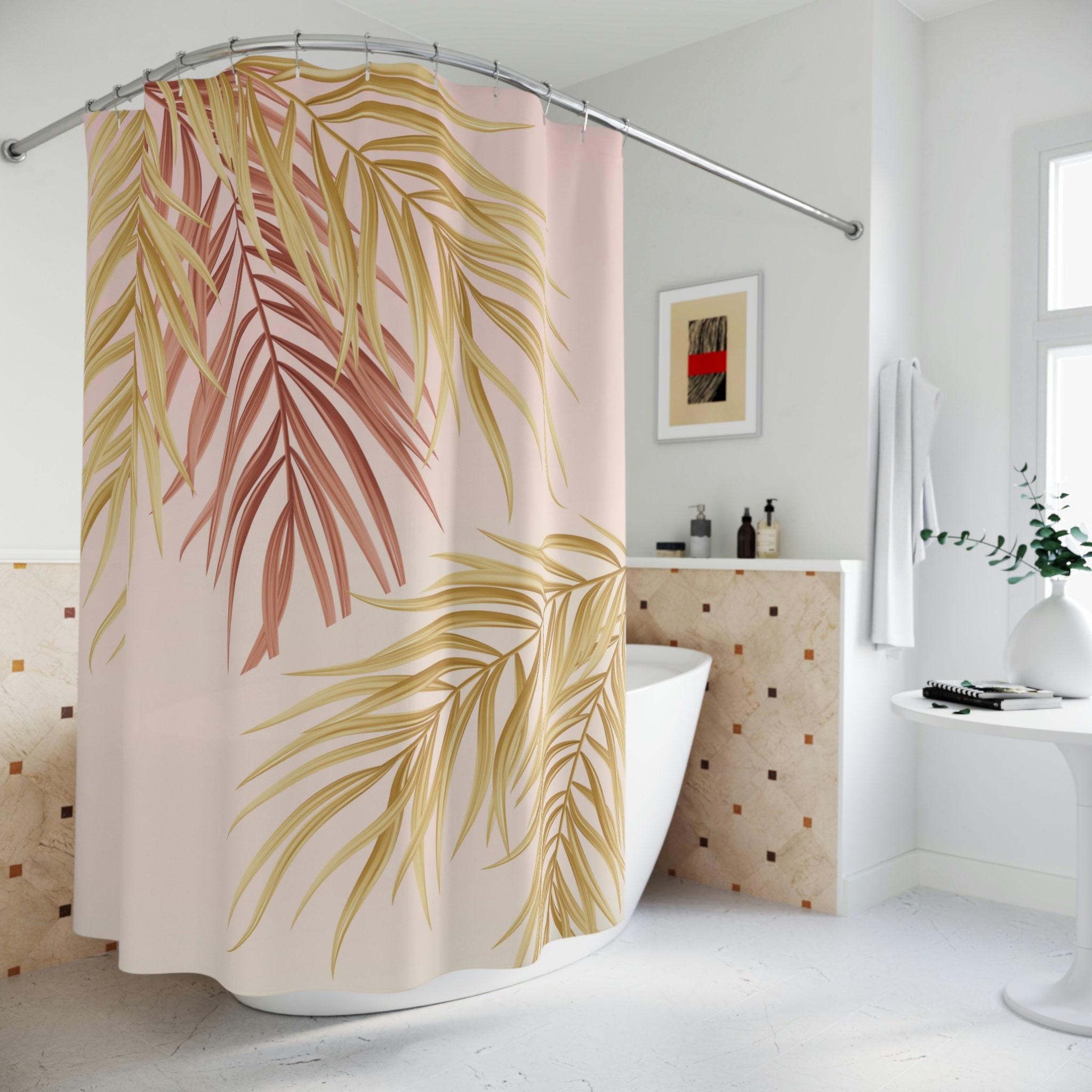 Pink/Peach Palm Leaves Shower Curtain - Botanic Bathroom Decor