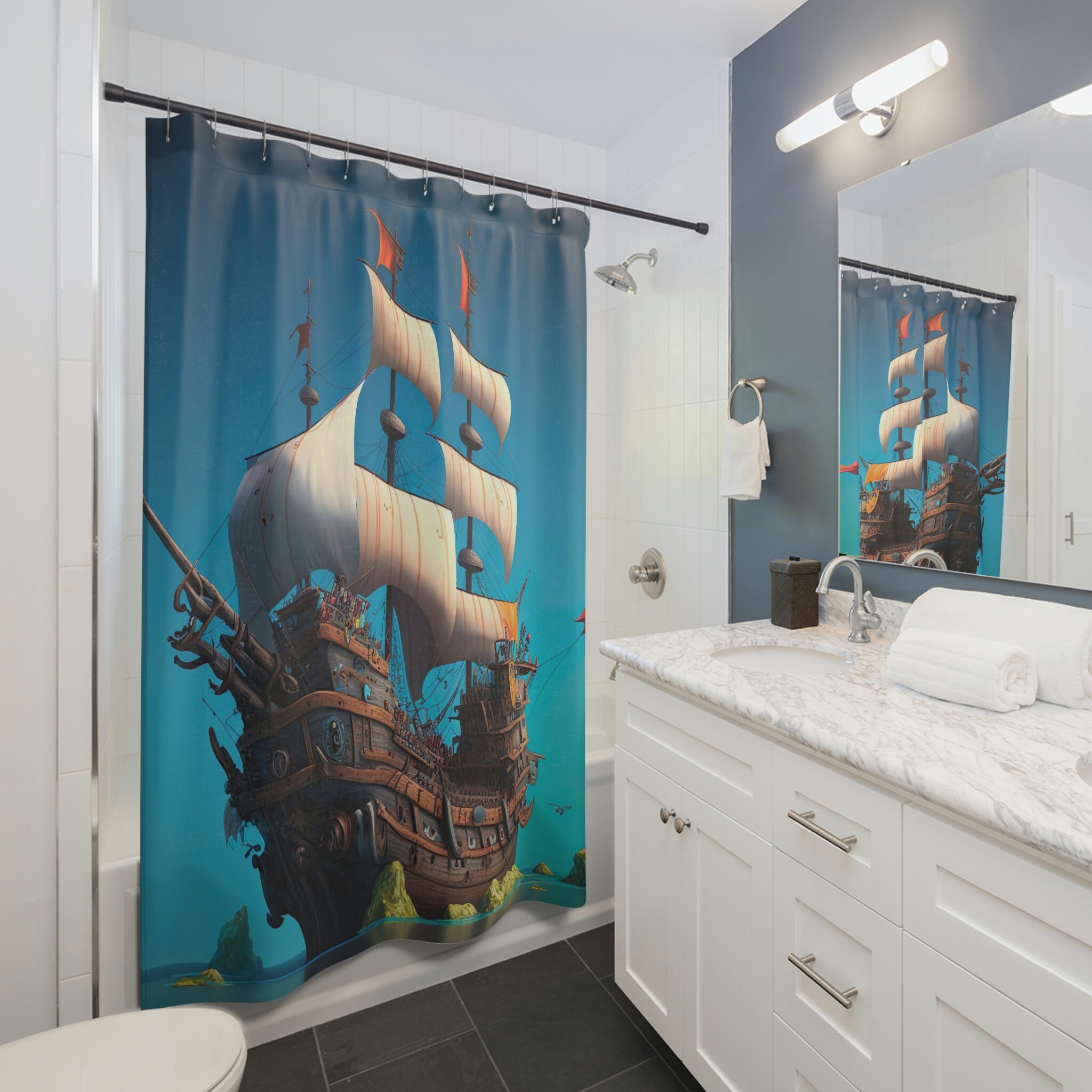 Pirate Adventure Ship Shower Curtain with Unique Design for Bathroom Decor