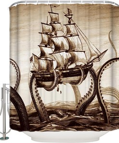 Pirate Boat and Ocean Animal Kraken Octopus Print Shower Curtain for Bathroom Decor