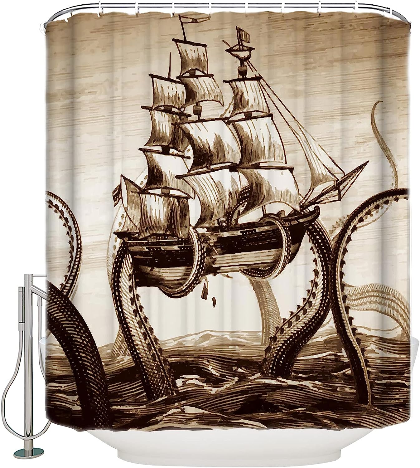 Pirate Boat and Ocean Animal Kraken Octopus Print Shower Curtain for Bathroom Decor