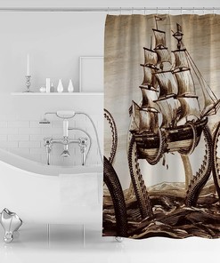 Pirate Boat and Ocean Animal Kraken Octopus Print Shower Curtain for Bathroom Decor