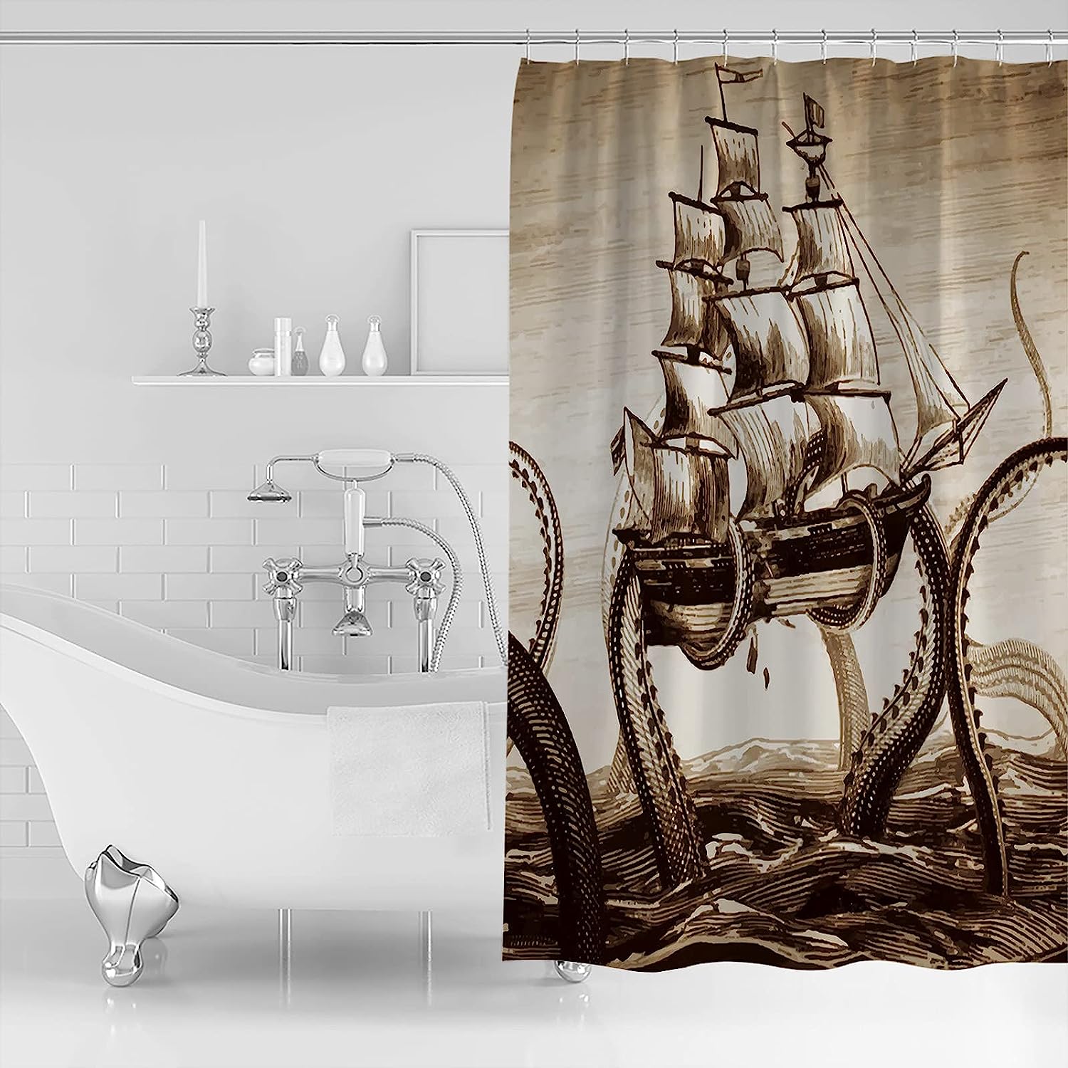 Pirate Boat and Ocean Animal Kraken Octopus Print Shower Curtain for Bathroom Decor