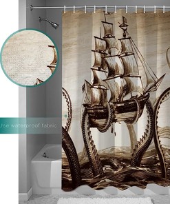 Pirate Boat and Ocean Animal Kraken Octopus Print Shower Curtain for Bathroom Decor