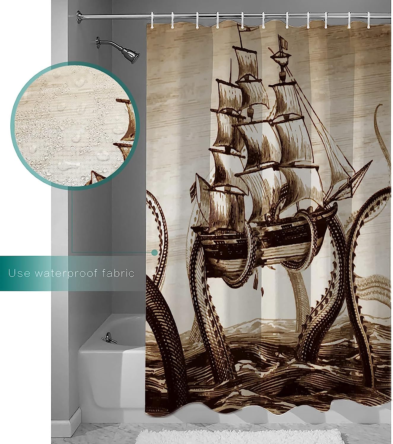 Pirate Boat and Ocean Animal Kraken Octopus Print Shower Curtain for Bathroom Decor