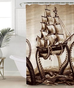 Pirate Boat and Ocean Animal Kraken Octopus Print Shower Curtain for Bathroom Decor