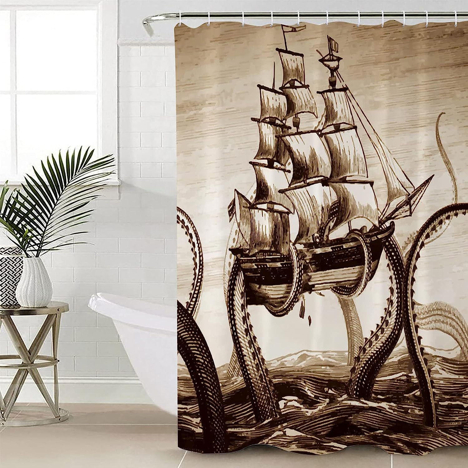 Pirate Boat and Ocean Animal Kraken Octopus Print Shower Curtain for Bathroom Decor