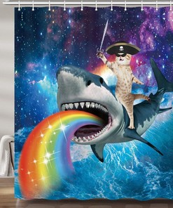 Pirate Cat Shark Galaxy Funny Shower Curtain Waterproof Bathroom Decor
