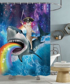 Pirate Cat Shark Galaxy Funny Shower Curtain Waterproof Bathroom Decor