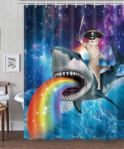 Pirate Cat Shark Galaxy Funny Shower Curtain Waterproof Bathroom Decor