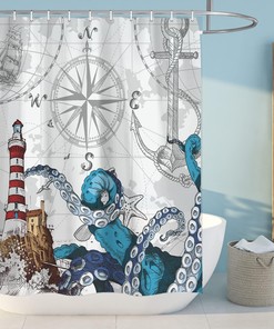 Pirate Fabric Shower Curtain For Nautical Bathroom Decor, Teal Octopus Kraken