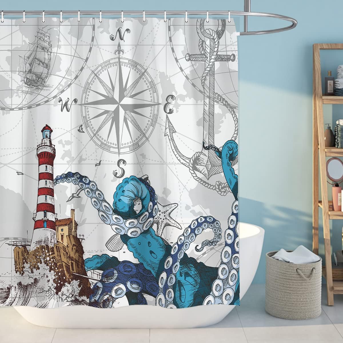 Pirate Fabric Shower Curtain For Nautical Bathroom Decor, Teal Octopus Kraken