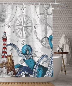 Pirate Fabric Shower Curtain For Nautical Bathroom Decor, Teal Octopus Kraken
