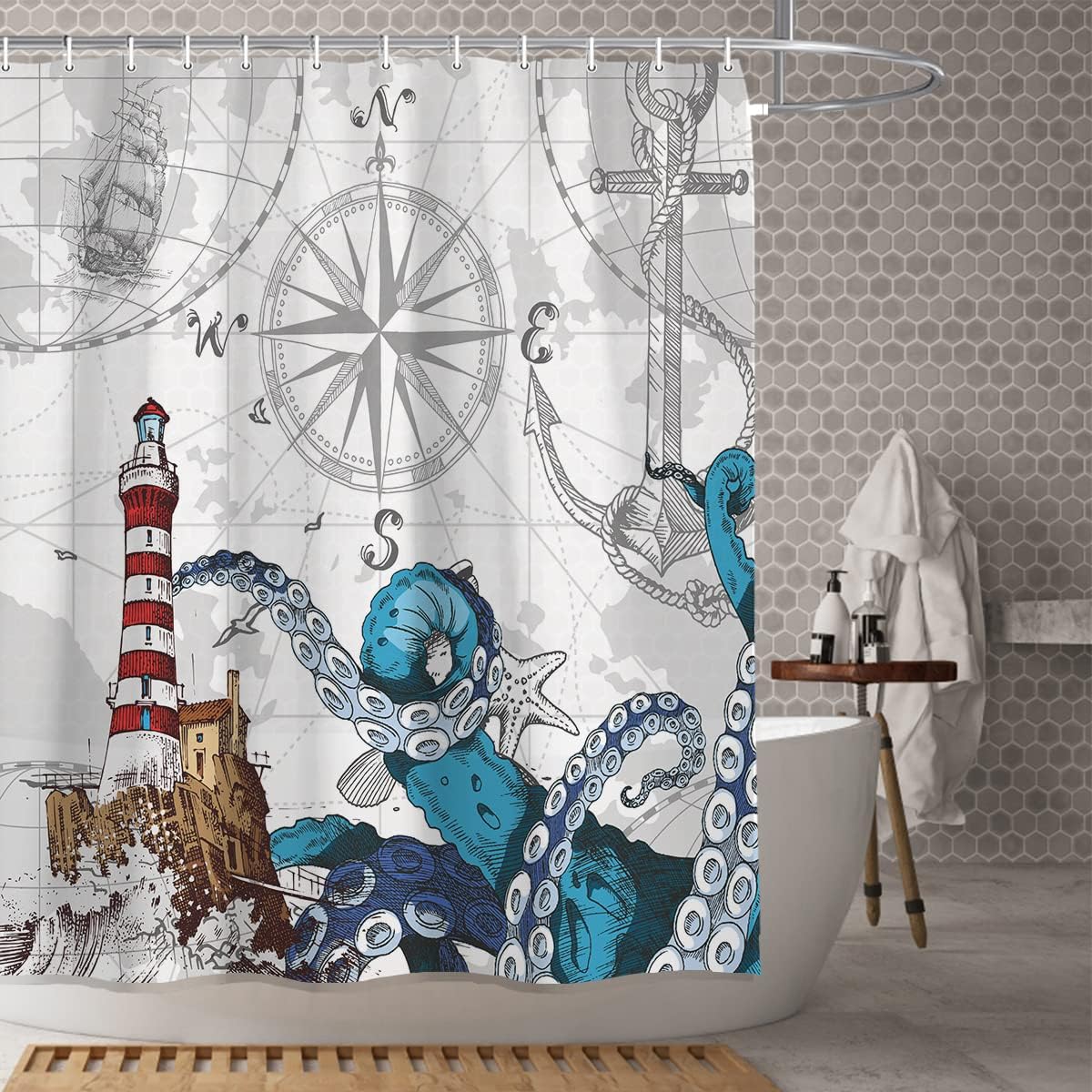 Pirate Fabric Shower Curtain For Nautical Bathroom Decor, Teal Octopus Kraken
