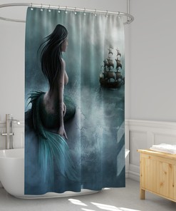 Pirate Mermaid Waterproof Shower Curtain with Ocean Theme - Cloth Fabric for Bathroom Decoration Set Hook
