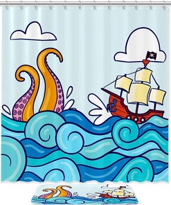 Pirate Octopus Shower Curtain Set with Bathroom Mat