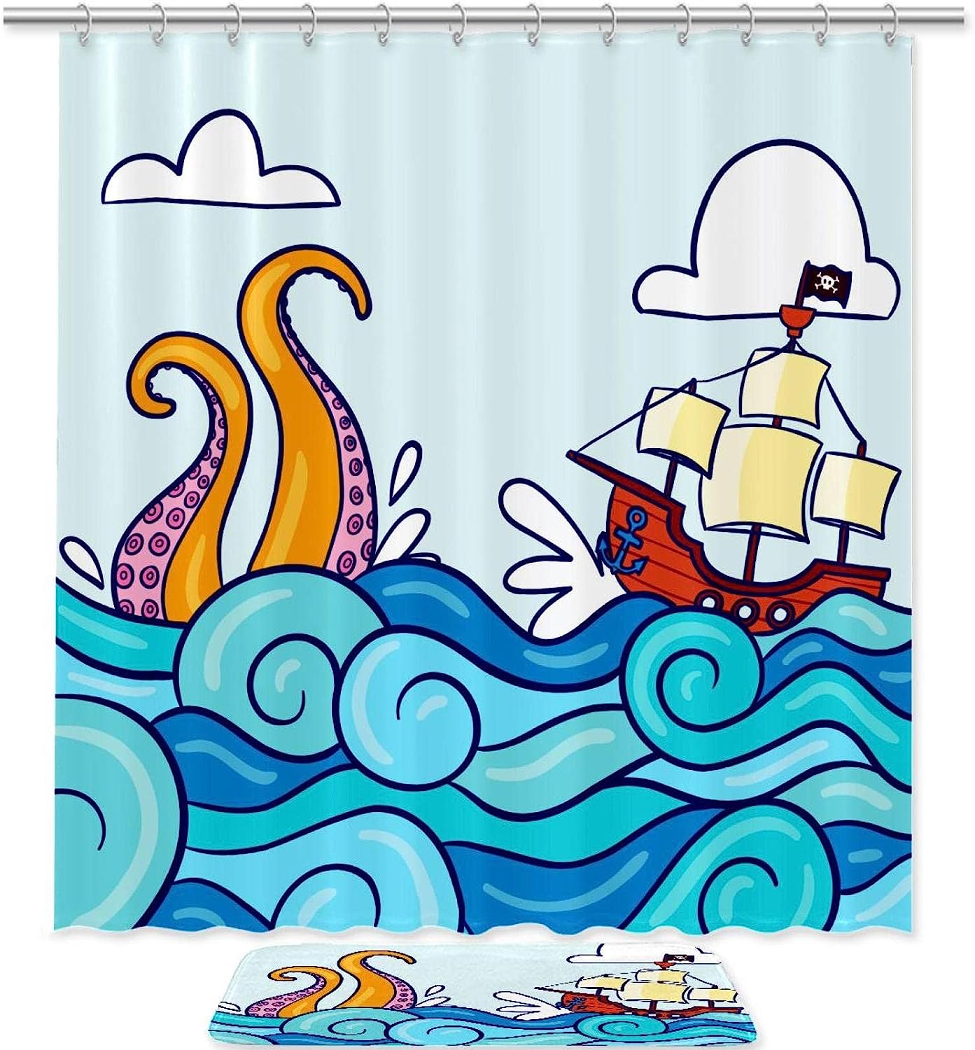 Pirate Octopus Shower Curtain Set with Bathroom Mat