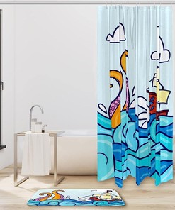 Pirate Octopus Shower Curtain Set with Bathroom Mat