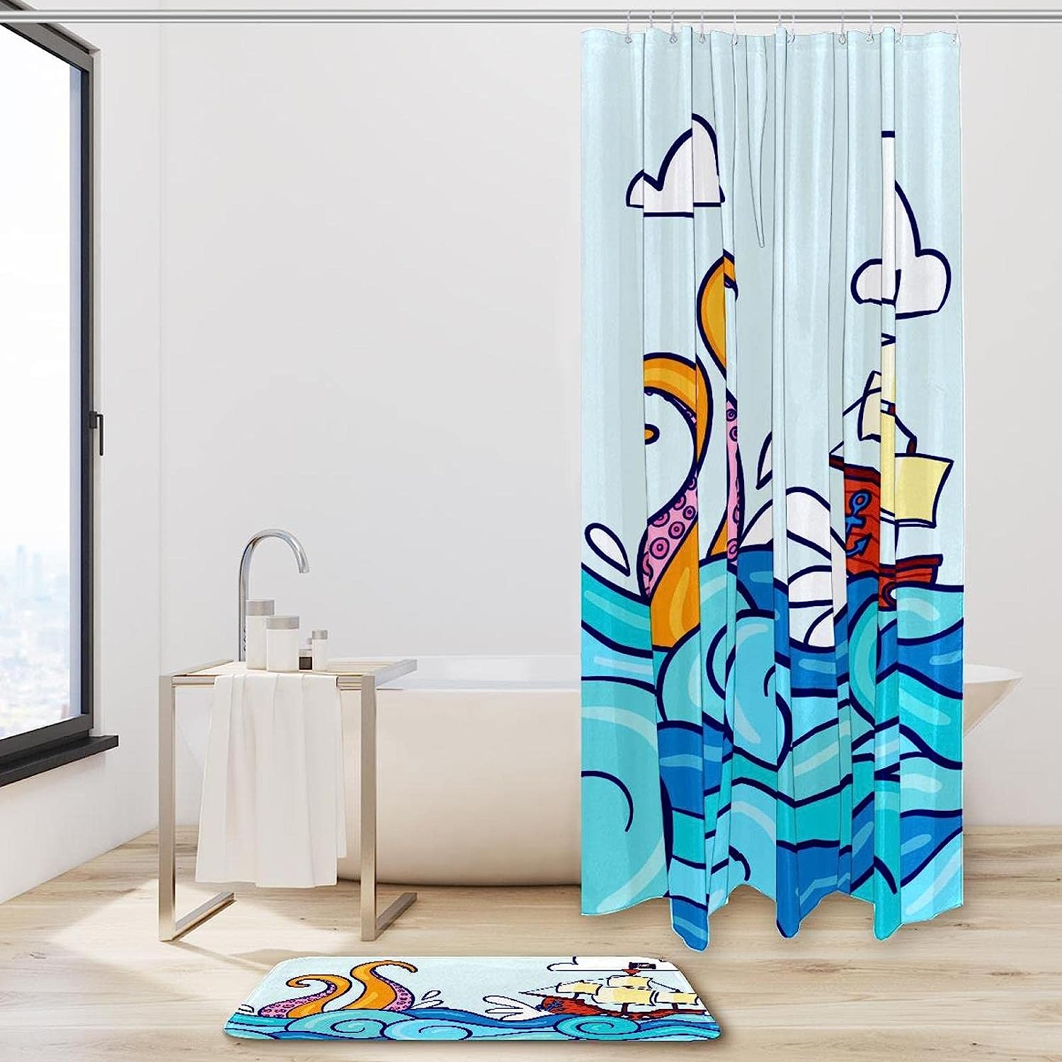 Pirate Octopus Shower Curtain Set with Bathroom Mat