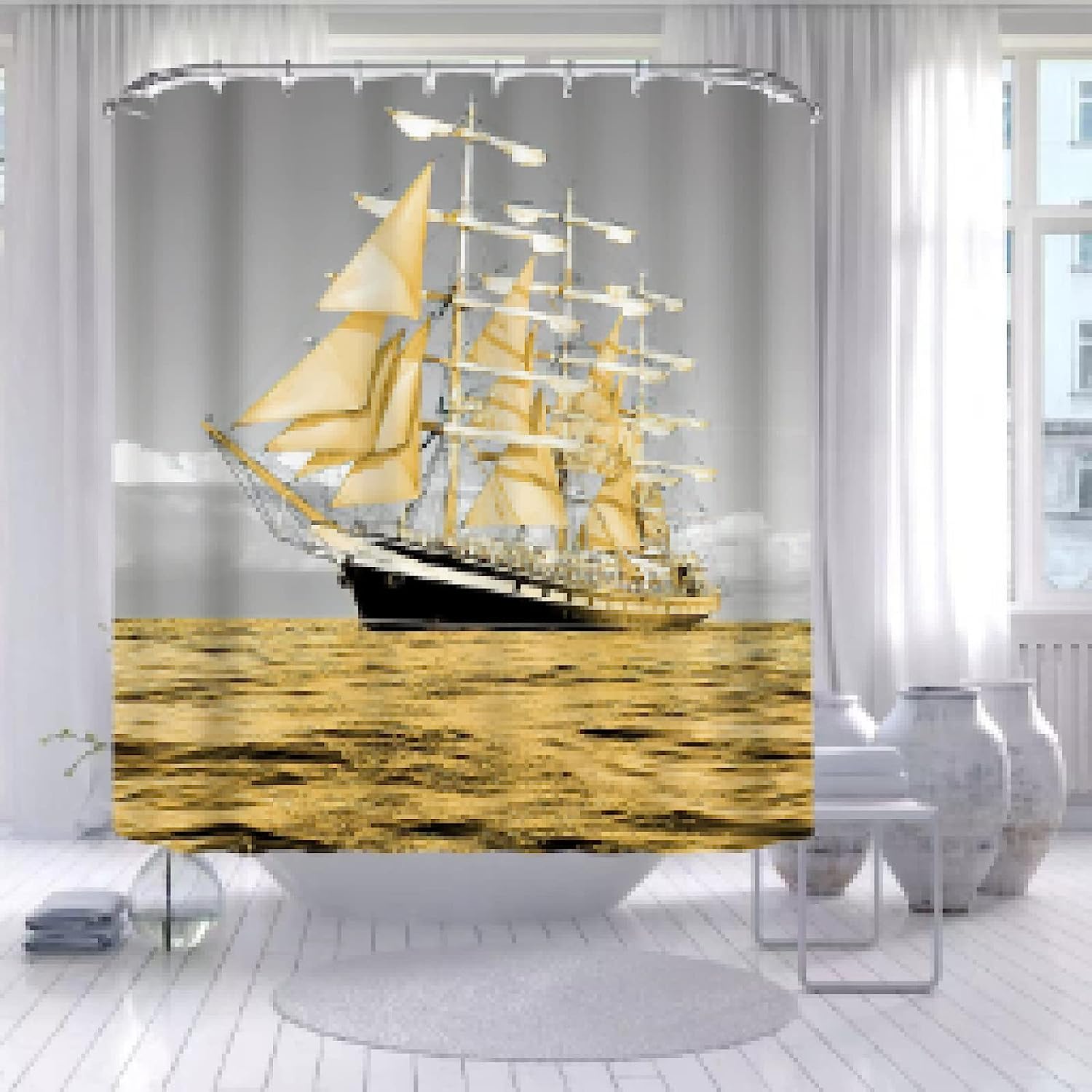 Pirate Sailboat 3D Ship Anchor Rudder Boat Shower Curtain For A Themed Bathroom - Image 3