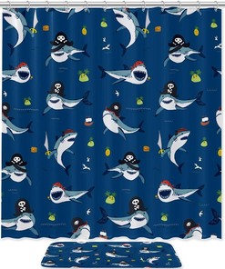 Pirate Shark Coco Printed Bathroom Tub Set With Waterproof Fabric Shower Curtain