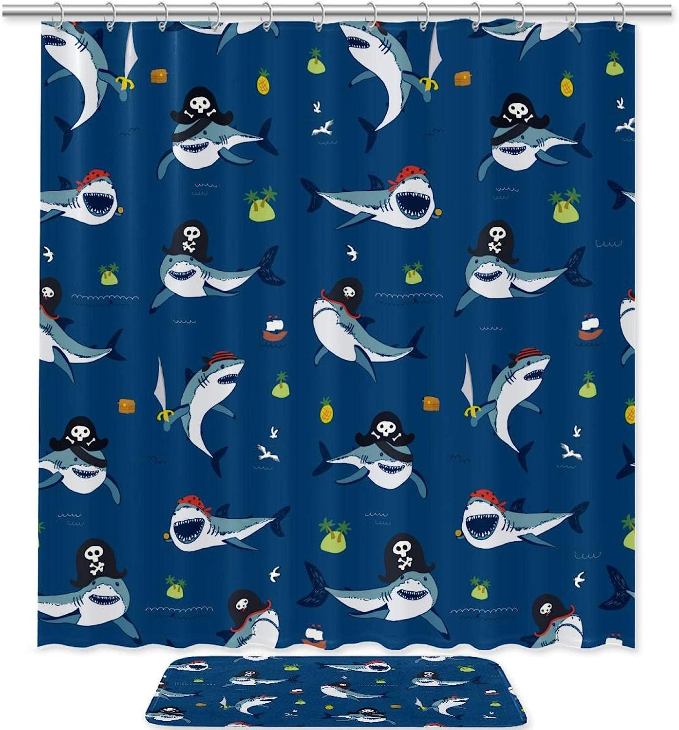 Pirate Shark Coco Printed Bathroom Tub Set With Waterproof Fabric Shower Curtain