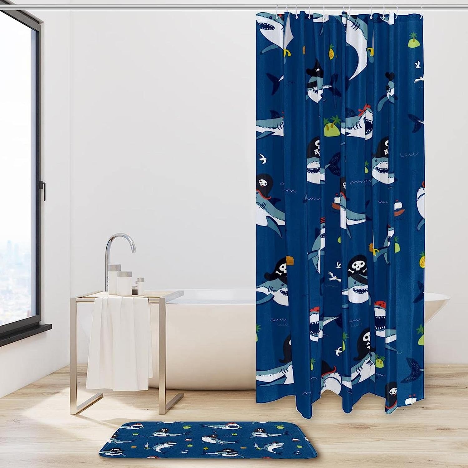 Pirate Shark Coco Printed Bathroom Tub Set With Waterproof Fabric Shower Curtain - Image 2