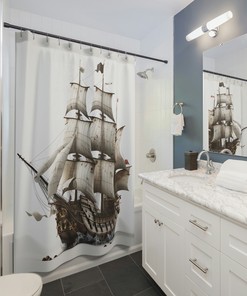 Pirate Ship Artistic Print Shower Curtain for Rustic and Nautical Bathroom Decor