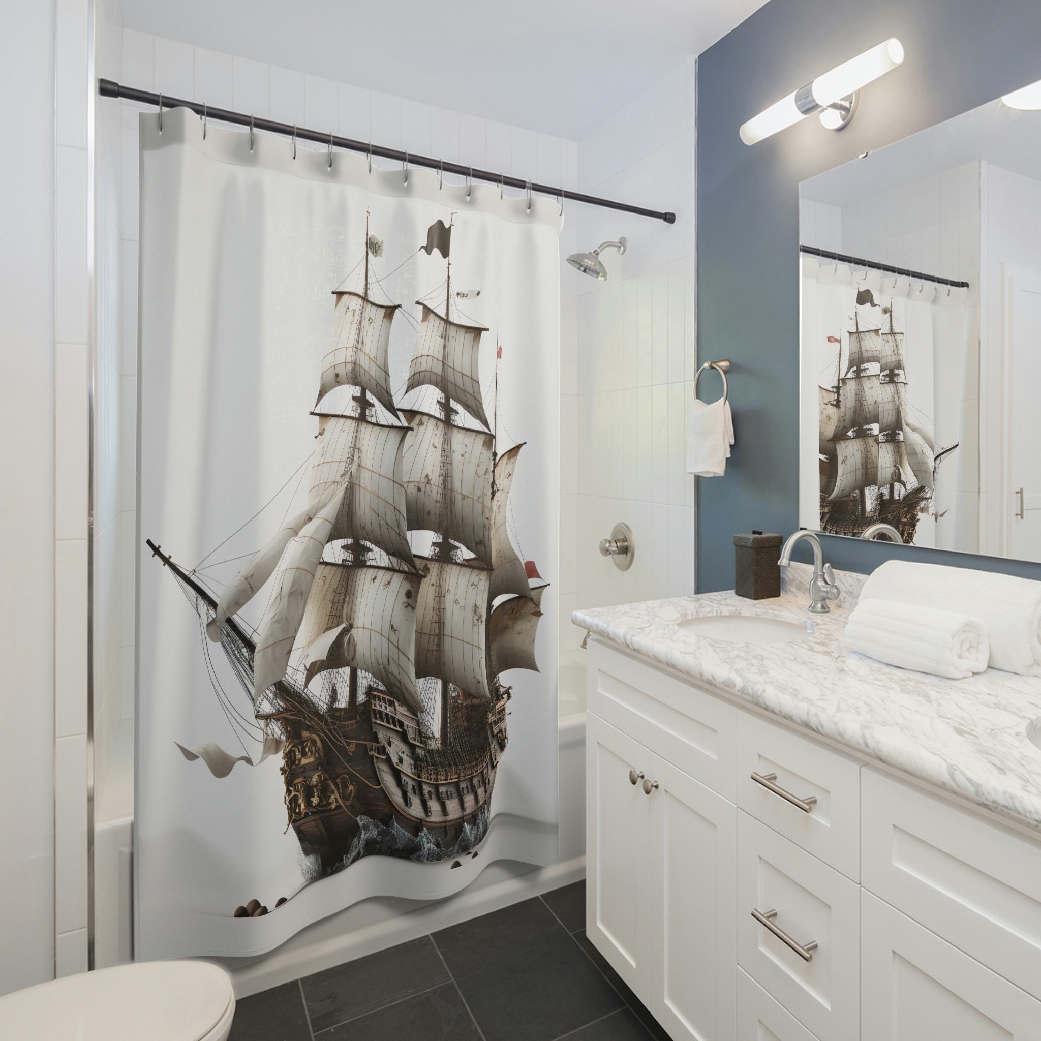 Pirate Ship Artistic Print Shower Curtain for Rustic and Nautical Bathroom Decor