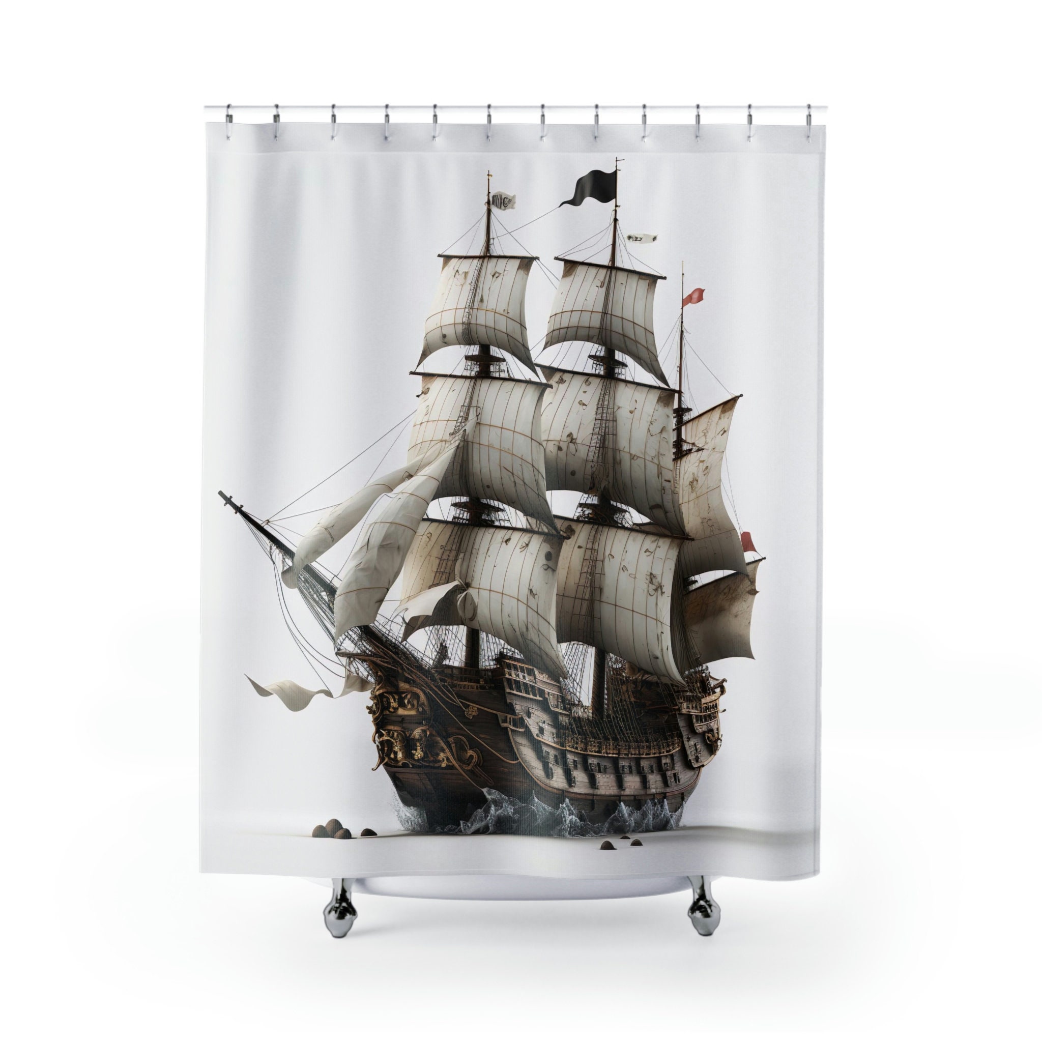 Pirate Ship Artistic Print Shower Curtain for Rustic and Nautical Bathroom Decor