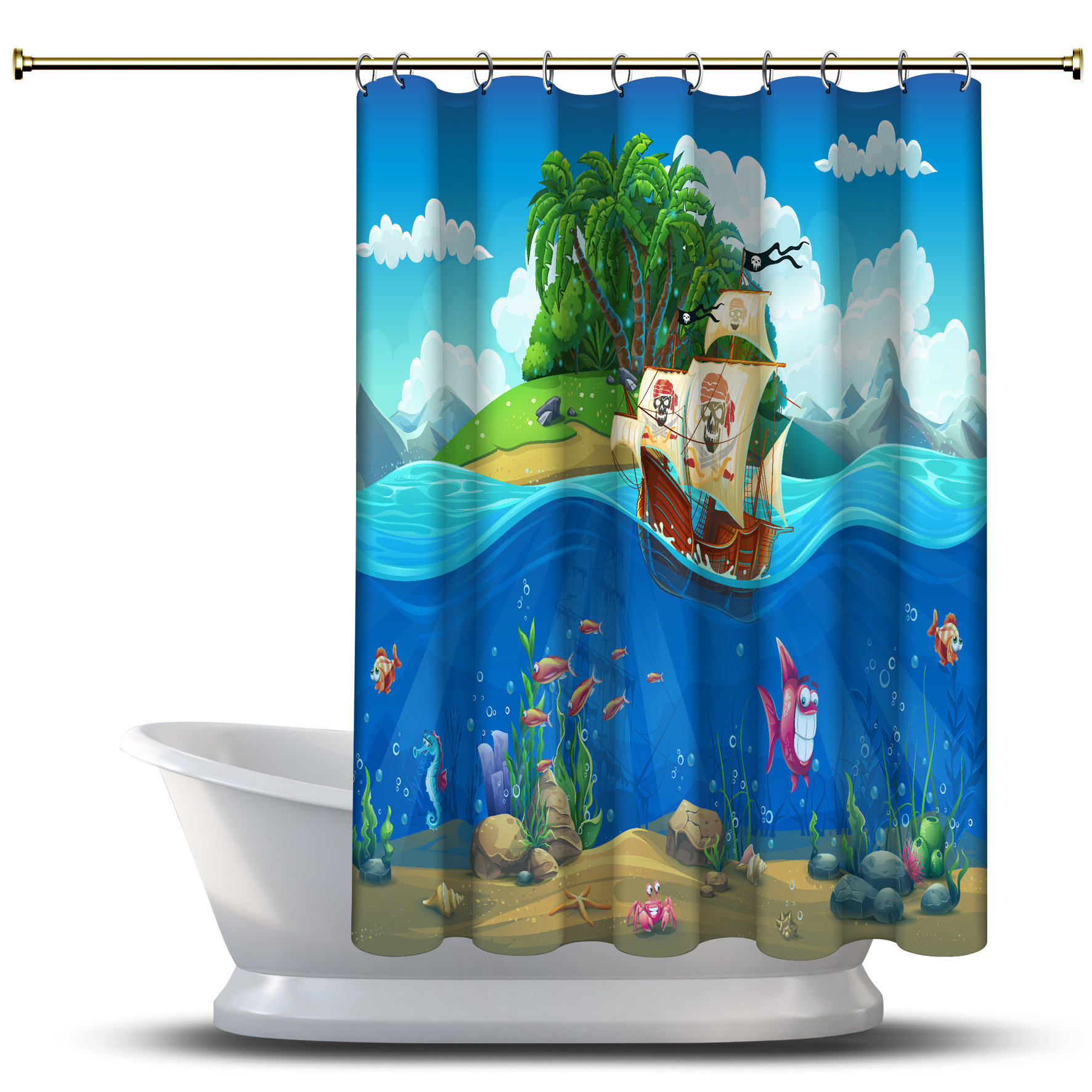 Pirate Ship In The Tropics Shower Curtain - Cartoon Bathroom Decor