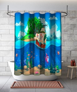 Pirate Ship In The Tropics Shower Curtain - Cartoon Bathroom Decor