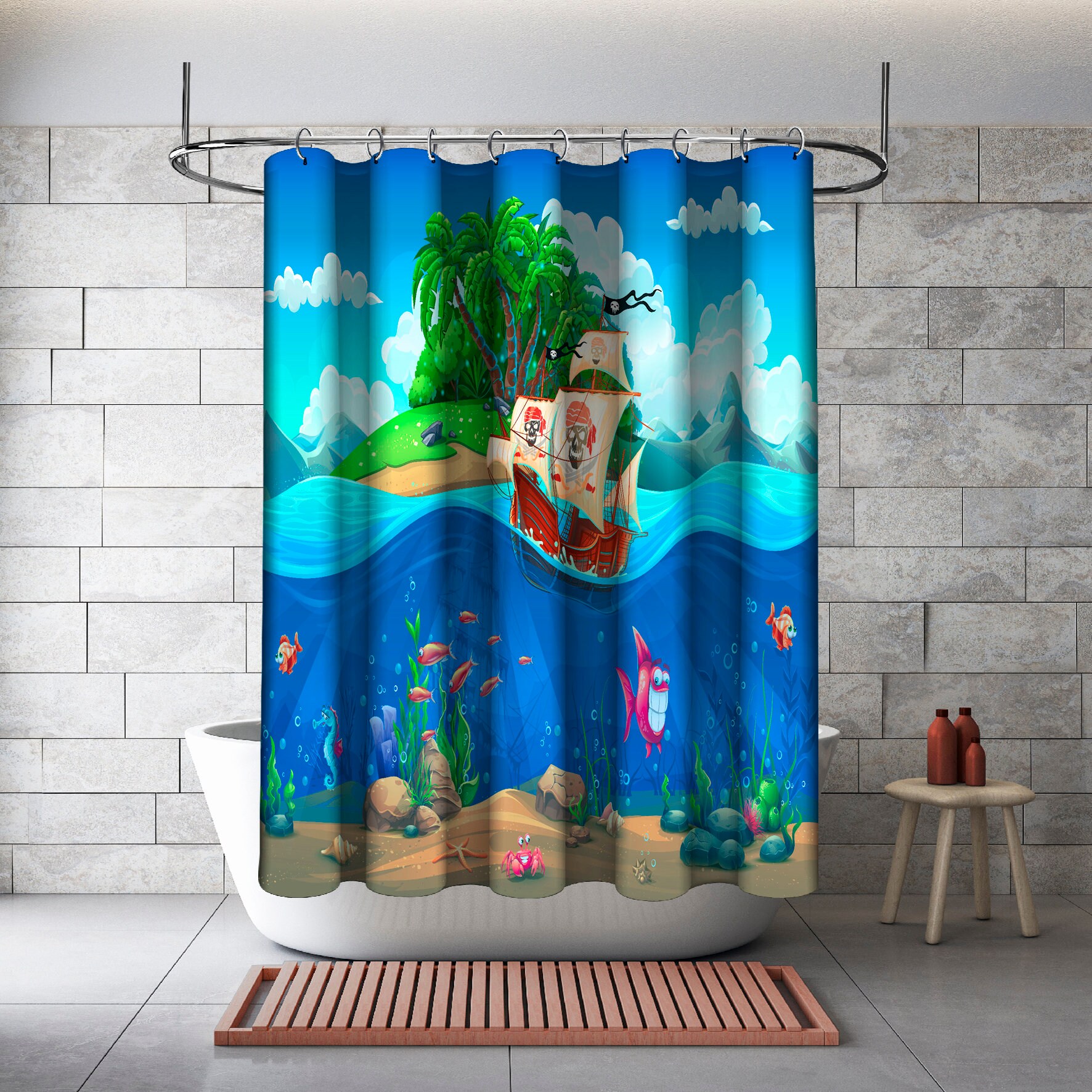 Pirate Ship In The Tropics Shower Curtain - Cartoon Bathroom Decor