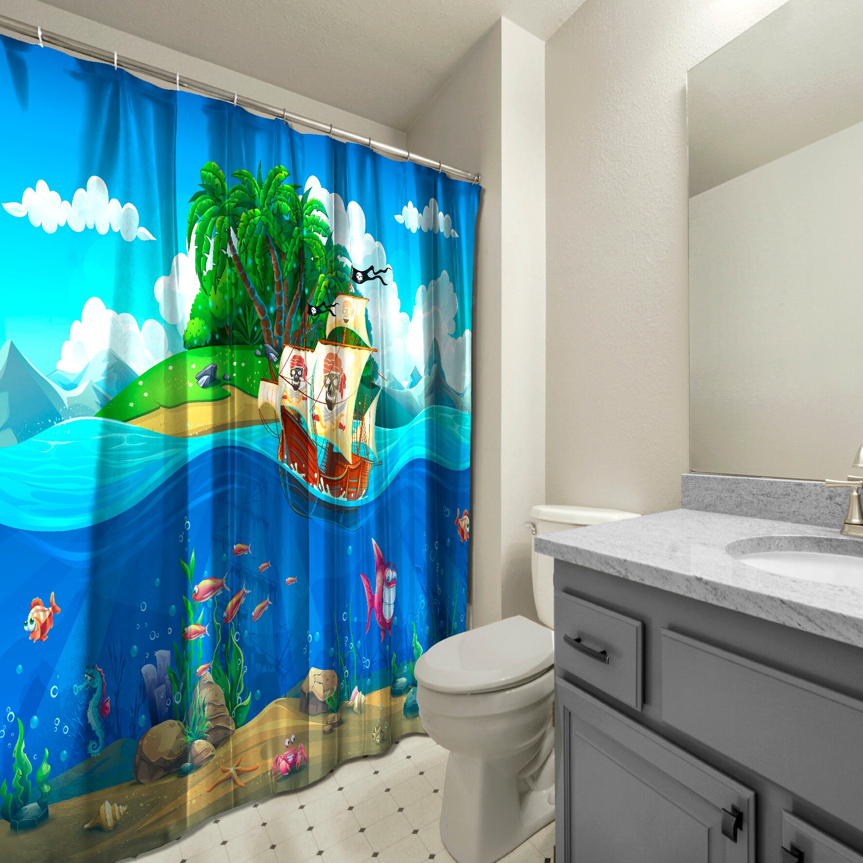 Pirate Ship In The Tropics Shower Curtain - Cartoon Bathroom Decor